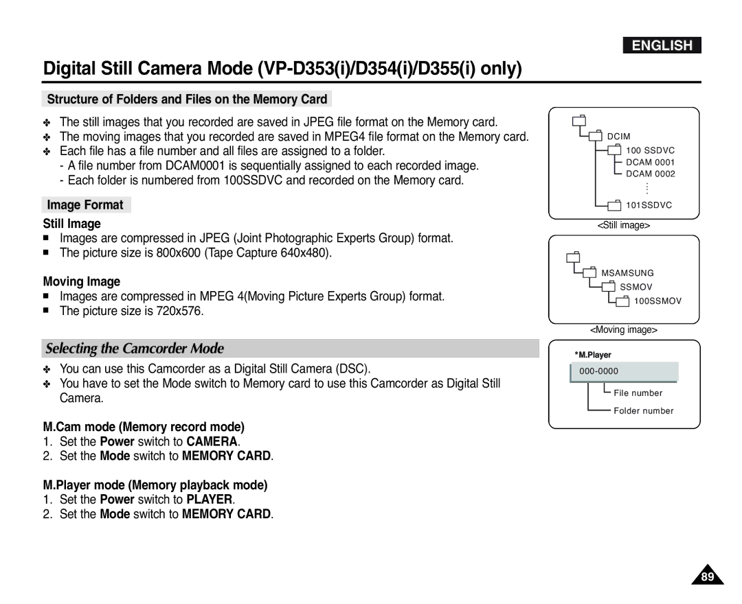 Samsung D354(i), VP-D351(i), D353(i), D355(i), D352(i) manual Selecting the Camcorder Mode 