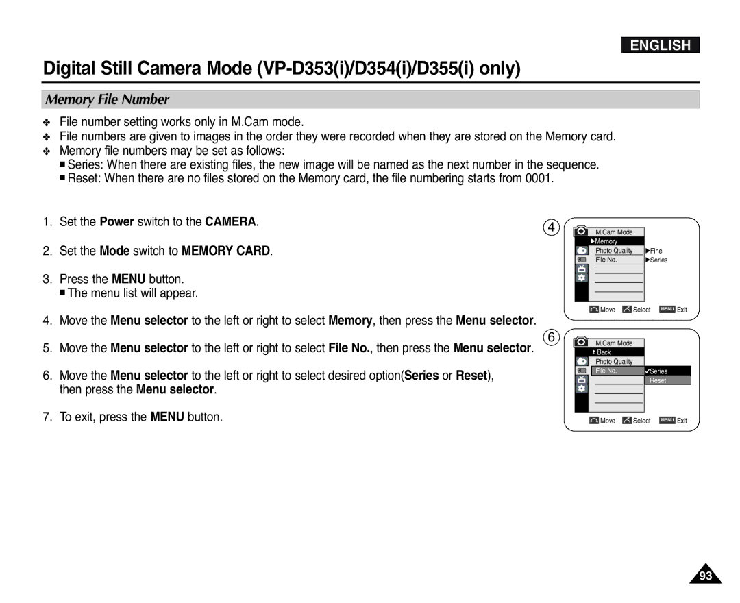 Samsung D352(i), VP-D351(i), D353(i), D355(i), D354(i) manual Memory File Number 