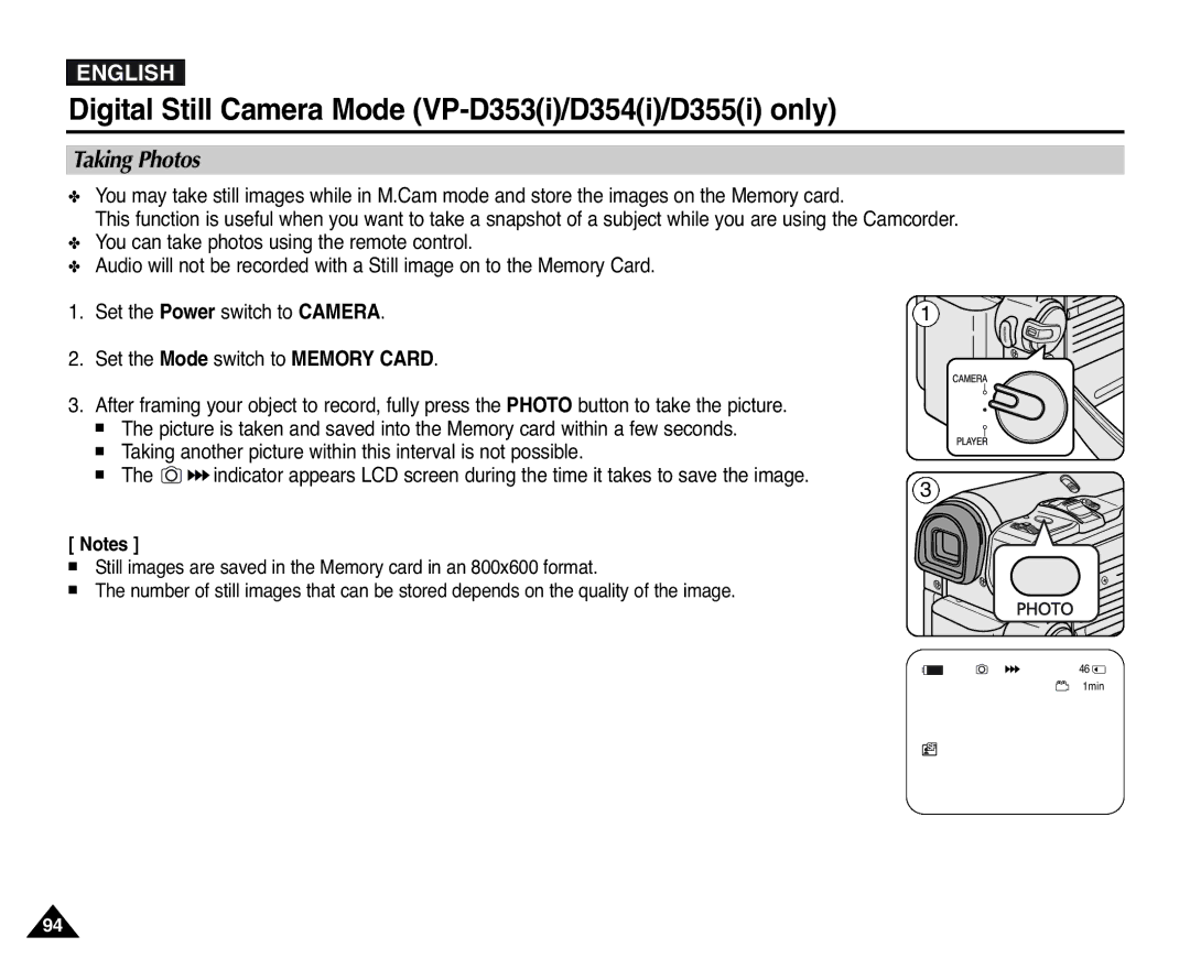 Samsung D354(i), VP-D351(i), D353(i), D355(i), D352(i) manual Taking Photos 