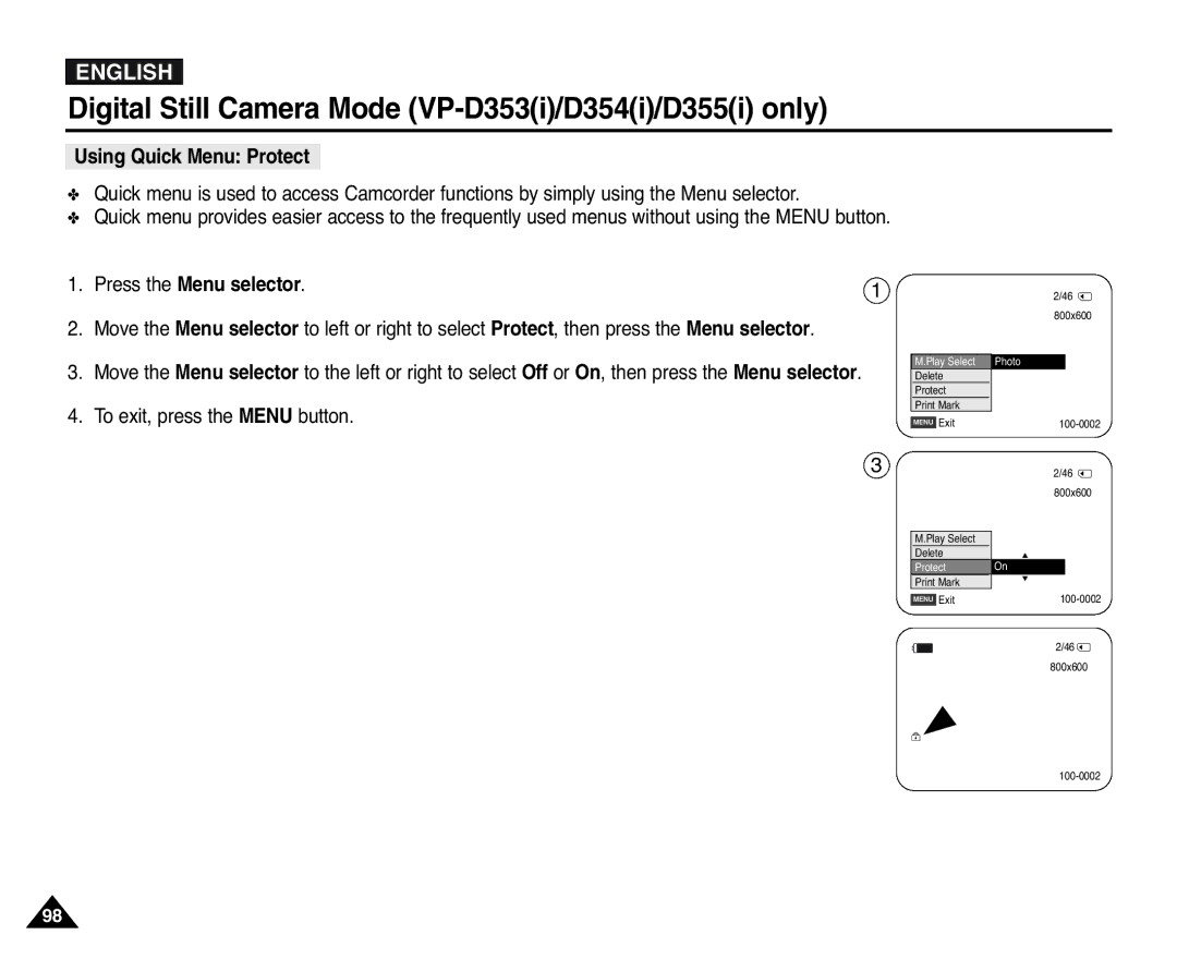 Samsung D352(i), VP-D351(i), D353(i), D355(i), D354(i) manual Using Quick Menu Protect, To exit, press the Menu button 