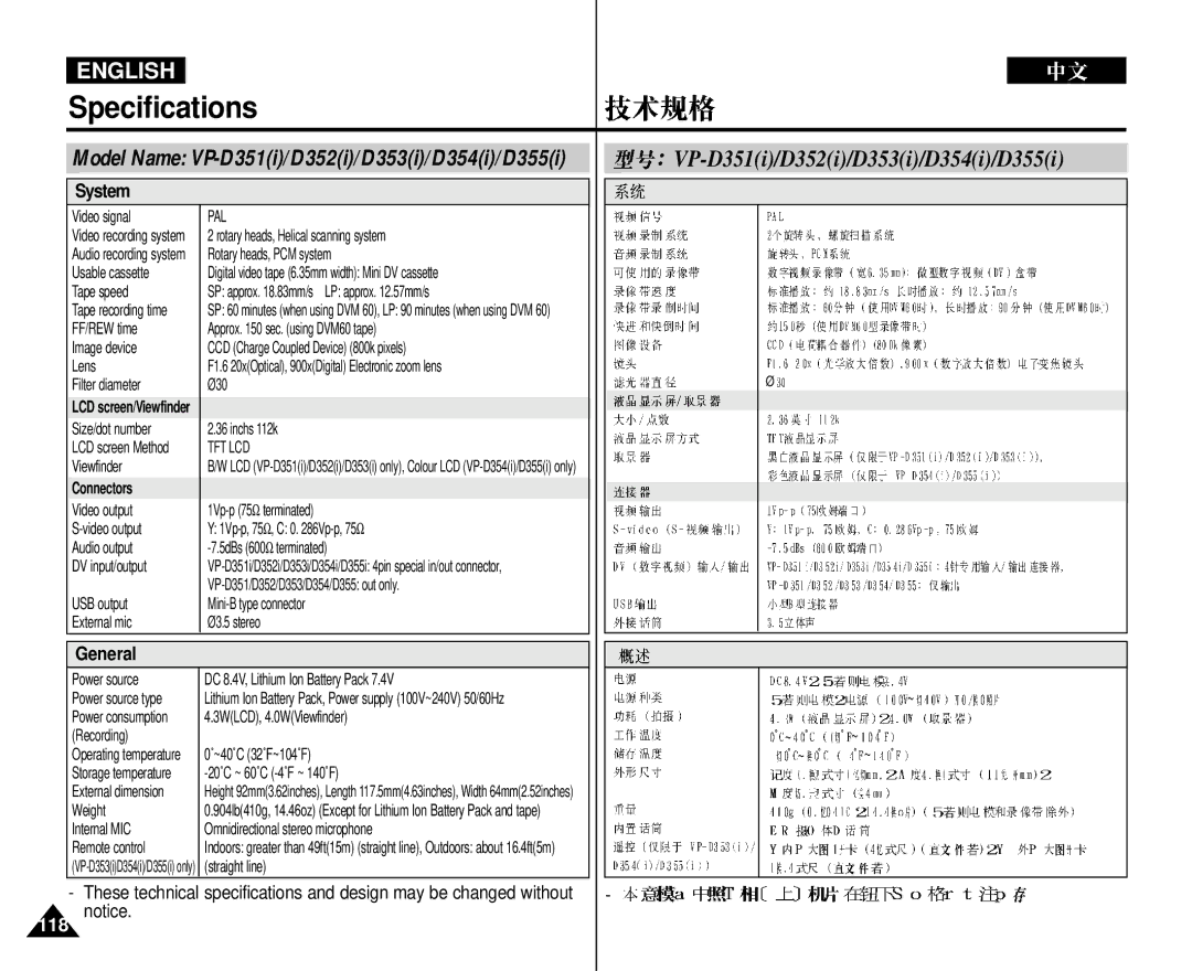 Samsung VP-D352 manual Specifications, System, General, Connectors 