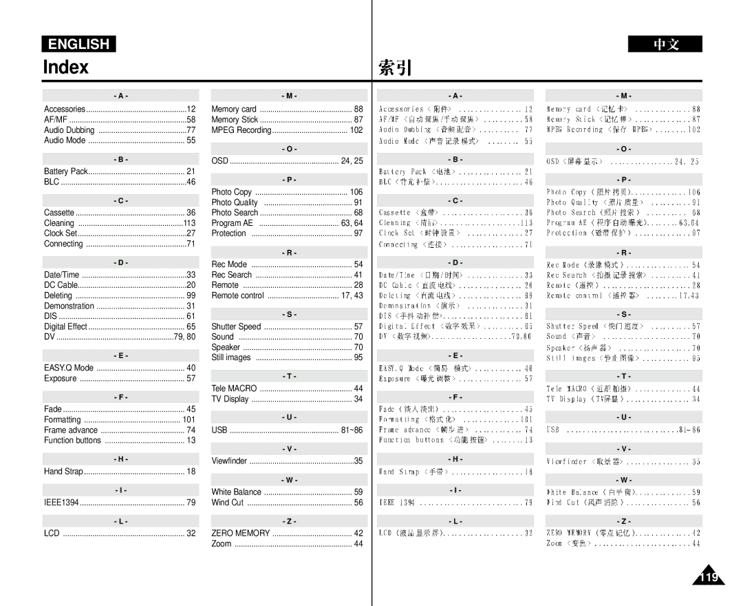 Samsung VP-D352 manual Index, 113 