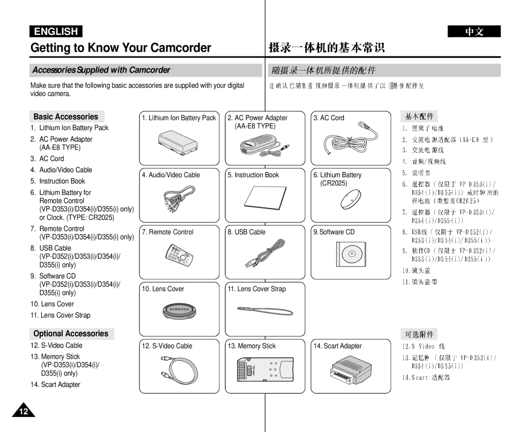 Samsung VP-D352 manual Accessories Supplied with Camcorder, Basic Accessories, Optional Accessories 