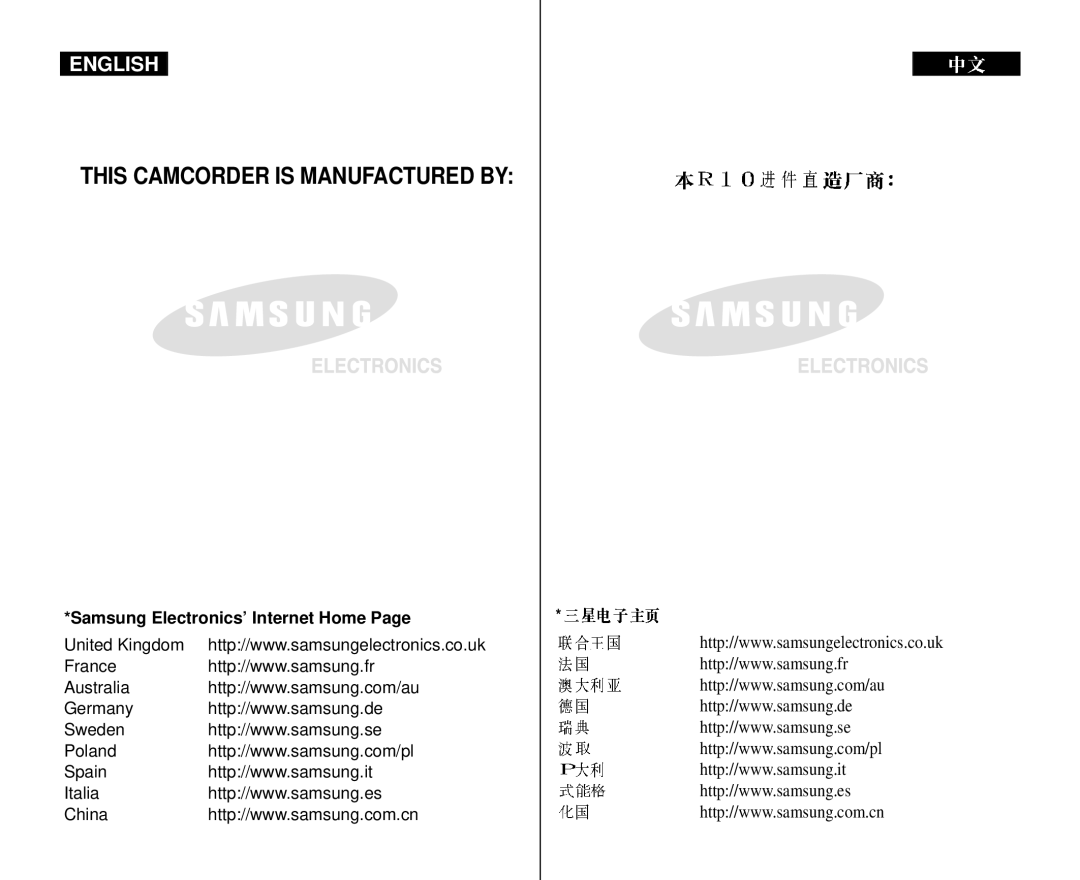 Samsung VP-D352 manual This Camcorder is Manufactured by, Samsung Electronics’ Internet Home 