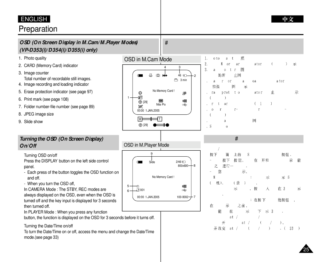 Samsung VP-D352 manual OSD On Screen Display in M.Cam/M.Player Modes, VP-D353i/D354i/D355i only, On/Off 