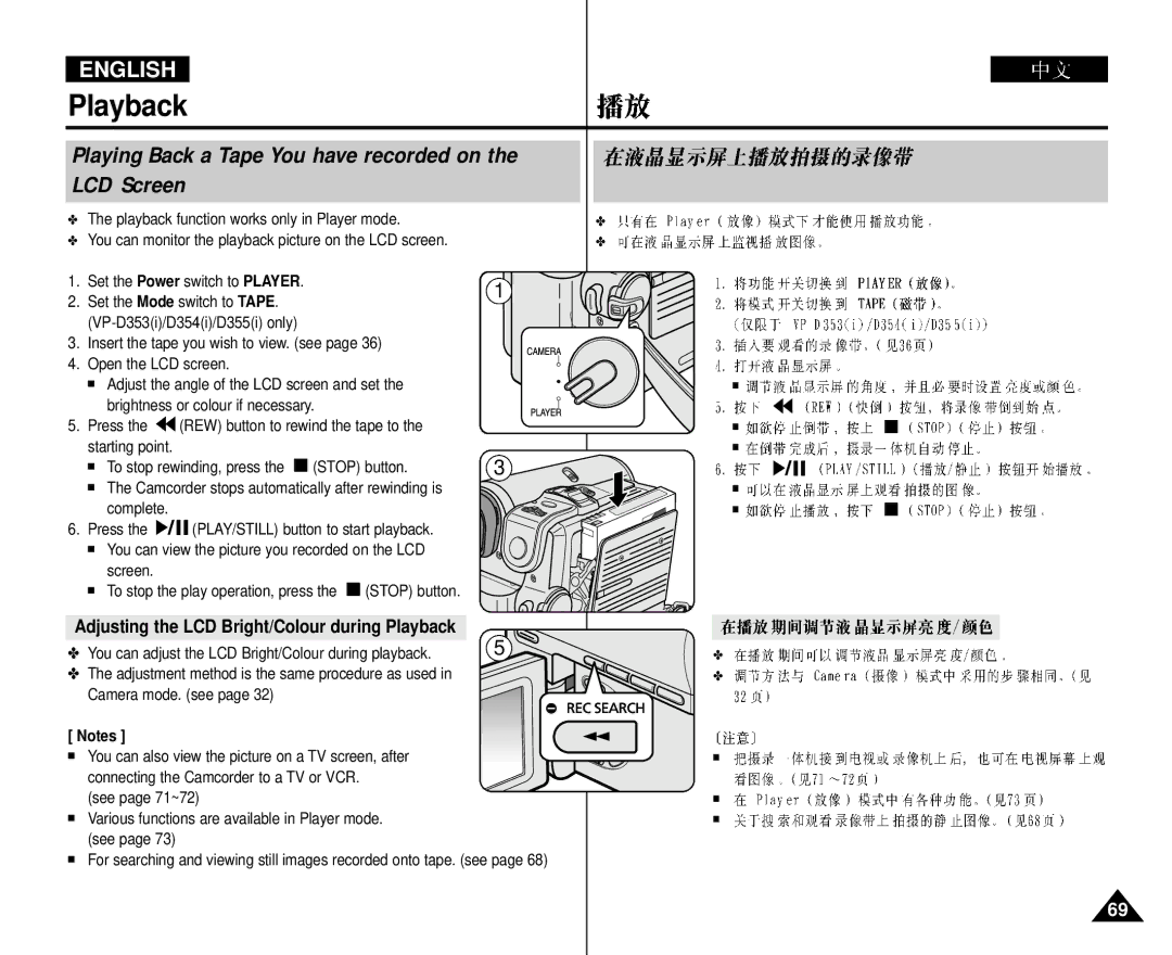 Samsung VP-D352 manual Playback, Playing Back a Tape You have recorded on the LCD Screen 