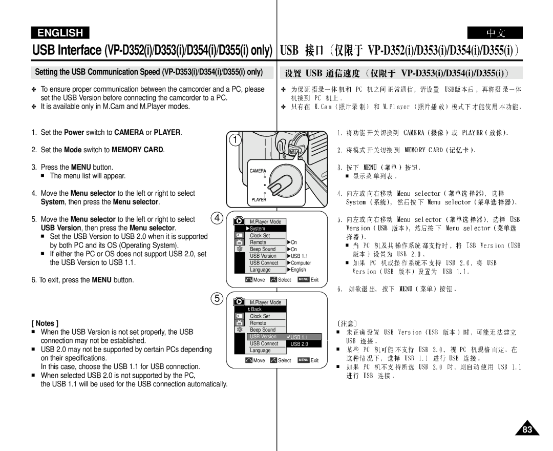 Samsung VP-D352 USB Version , then press the Menu selector, By both PC and its OS Operating System, USB Version to USB 