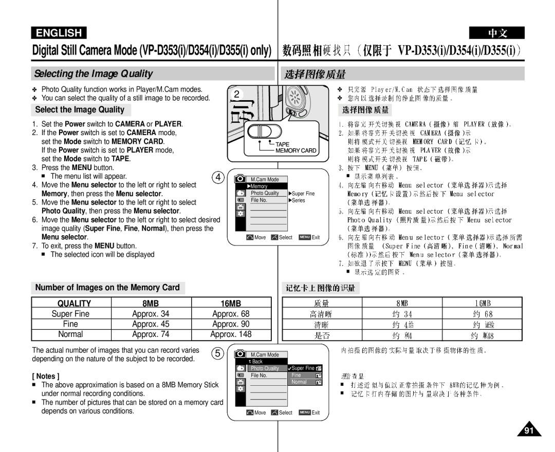 Samsung VP-D352 manual Selecting the Image Quality, Select the Image Quality, Number of Images on the Memory Card, 16MB 