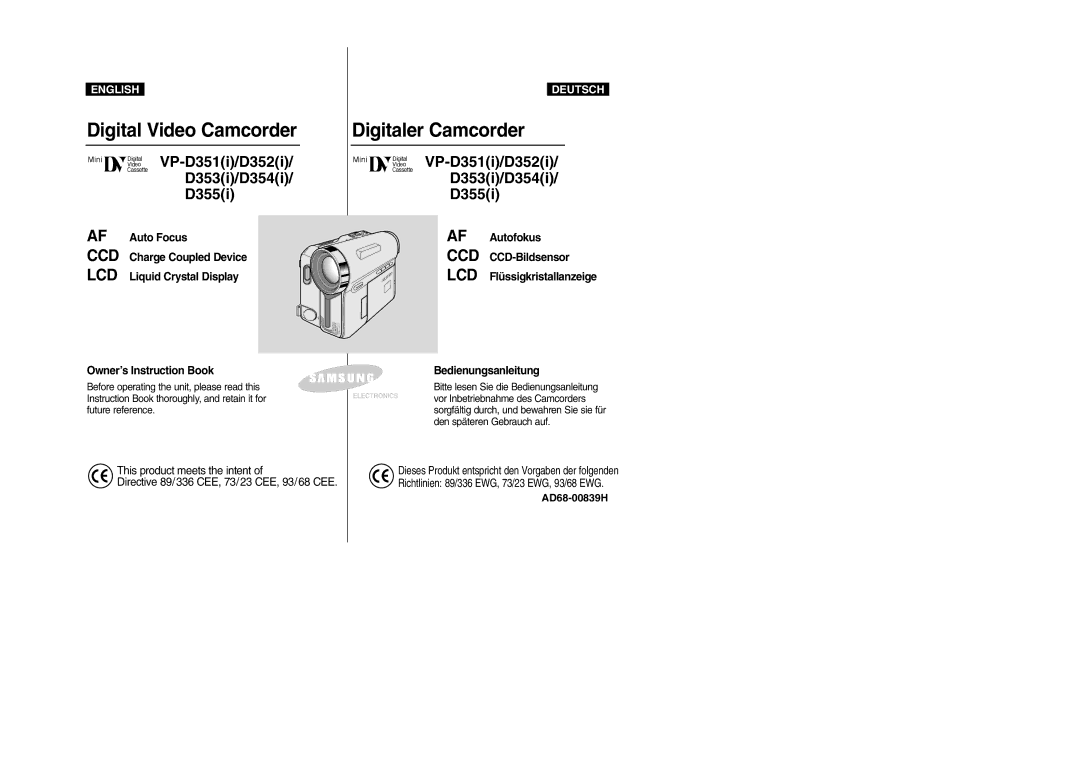 Samsung VP-D352(i), VP-D354(i), VP- D353(i), VP- D355(i) manual Digital Video Camcorder 