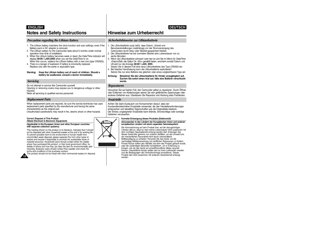 Samsung VP- D353(i), VP-D354(i) manual Precaution regarding the Lithium Battery, Servicing, Reparaturen, Replacement Parts 