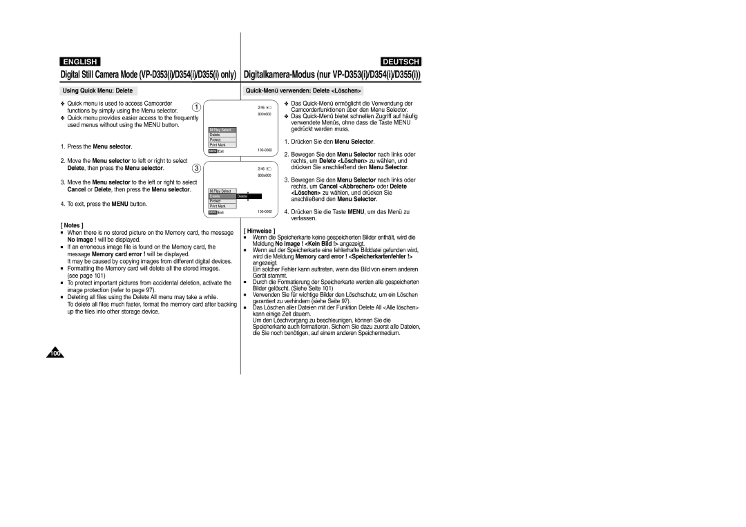 Samsung VP-D354(i), VP-D352(i), VP- D353(i) Delete , then press the Menu selector, Rechts, um Cancel Abbrechen oder Delete 