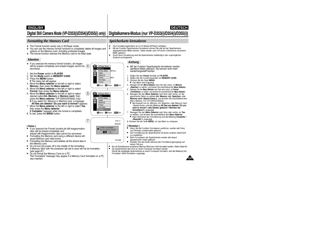 Samsung VP-D352(i) Formatting the Memory Card Speicherkarte formatieren, Achtung, Memory , then press the Menu selector 