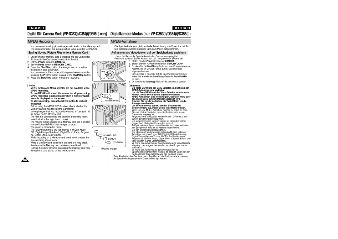 Samsung VP- D353(i), VP-D354(i), VP-D352(i) Mpeg Recording MPEG-Aufnahme, Saving Moving Picture Files onto a Memory Card 