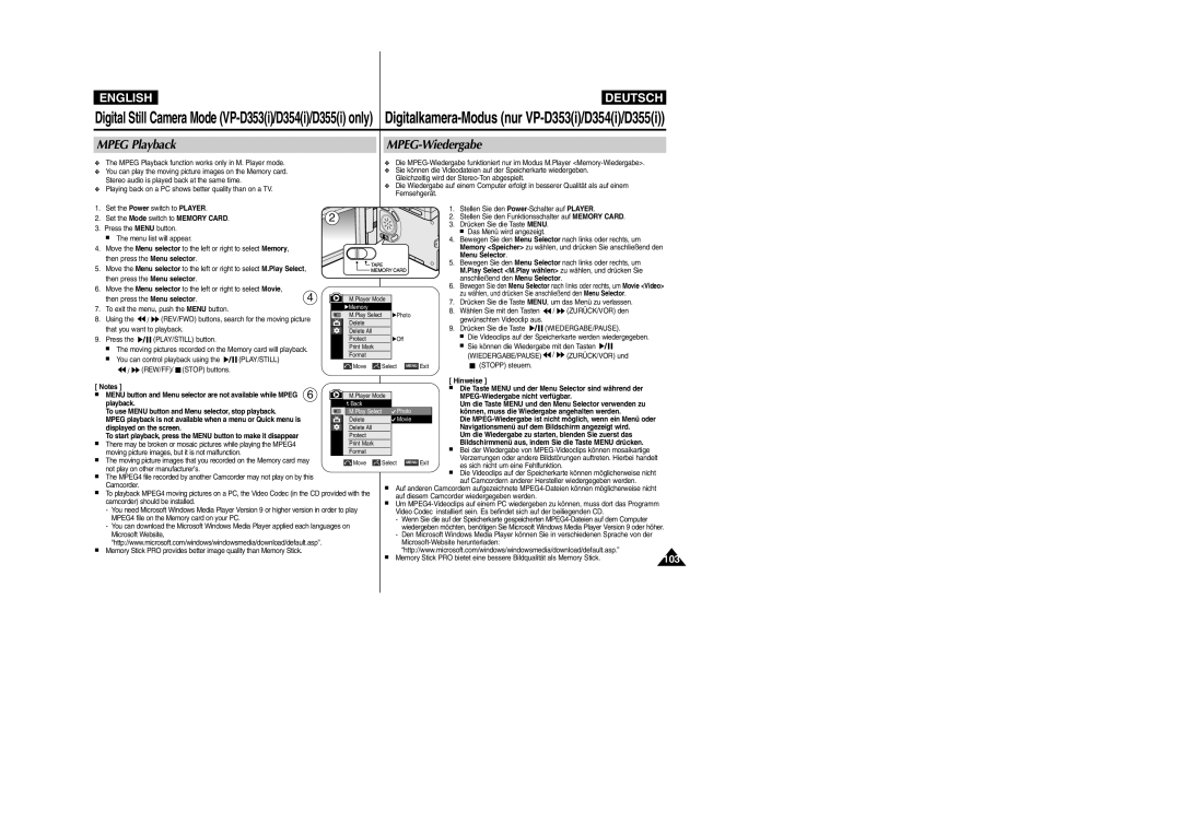 Samsung VP- D355(i), VP-D354(i) manual Mpeg Playback MPEG-Wiedergabe, Bildschirmmenü aus, indem Sie die Taste Menu drücken 