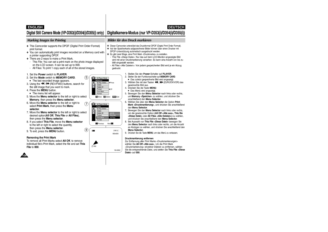 Samsung VP-D354(i) Marking Images for Printing Bilder für den Druck markieren, Select Print Mark, then press the Menu 