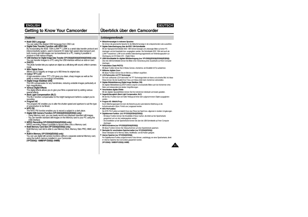 Samsung VP- D355(i), VP-D354(i) Getting to Know Your Camcorder, Überblick über den Camcorder, Features, Leistungsmerkmale 