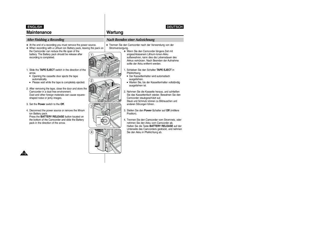 Samsung VP-D354(i), VP-D352(i) manual Maintenance Wartung, After Finishing a Recording Nach Beenden einer Aufzeichnung 