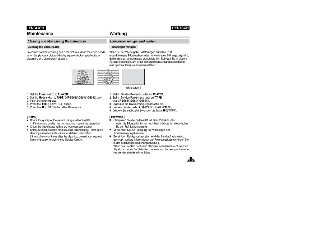 Samsung VP-D352(i) Cleaning the Video Heads Videoköpfe reinigen, Set the Mode switch to TAPE. VP-D353i/D354i/D355i only 