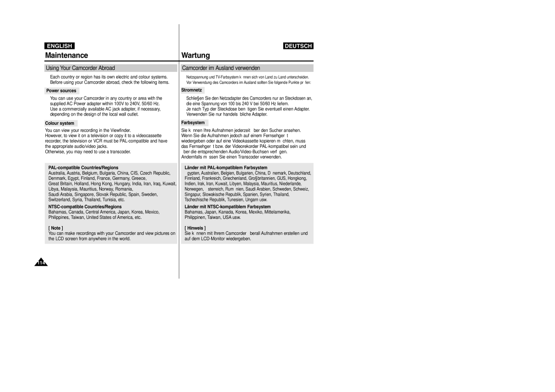 Samsung VP- D353(i), VP-D354(i) manual Maintenance, Wartung, Using Your Camcorder Abroad, Camcorder im Ausland verwenden 