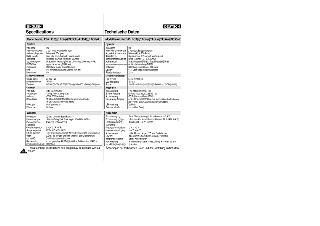 Samsung VP- D353(i), VP-D354(i), VP-D352(i) Specifications, Technische Daten, Model Name VP-D351i/D352i/D353i/D354i/D355i 