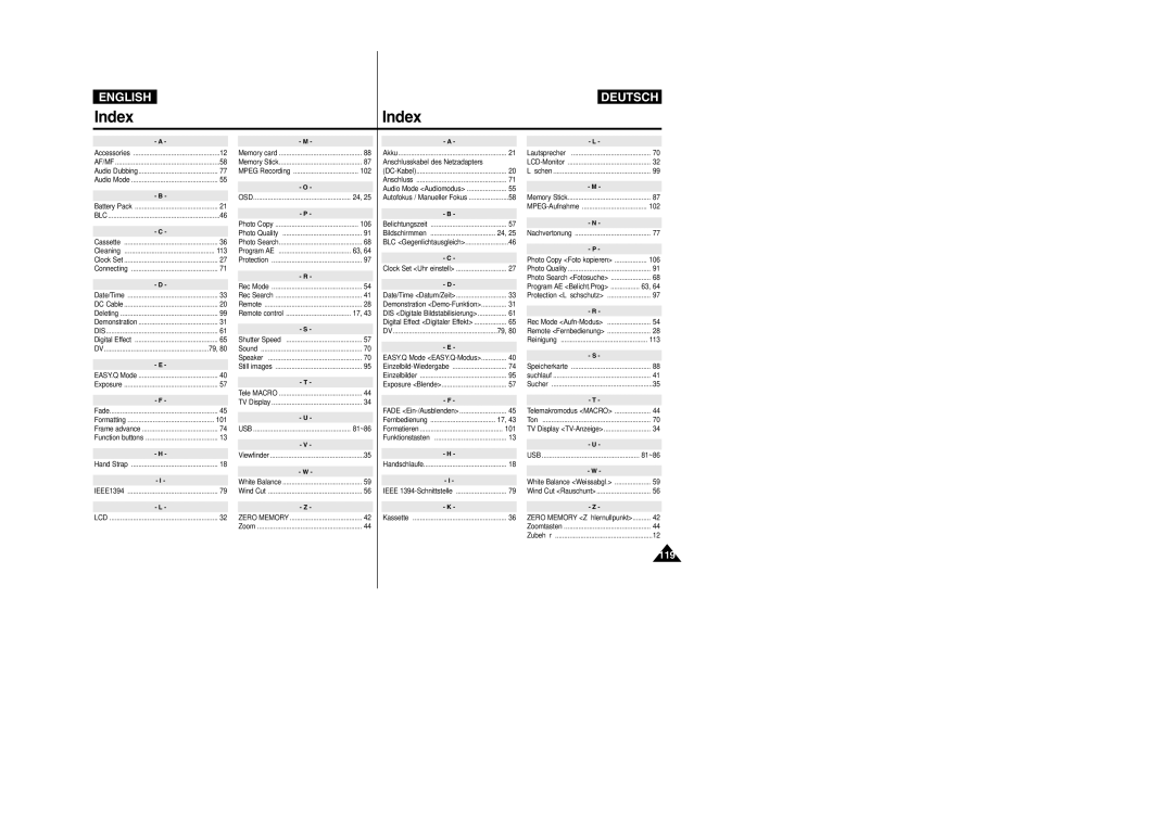 Samsung VP- D355(i), VP-D354(i), VP-D352(i), VP- D353(i) manual Index 