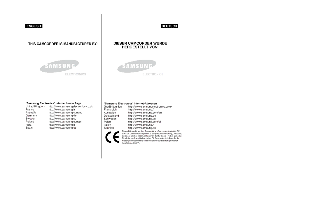 Samsung VP- D353(i), VP-D354(i), VP-D352(i), VP- D355(i) manual Dieser Camcorder Wurde 