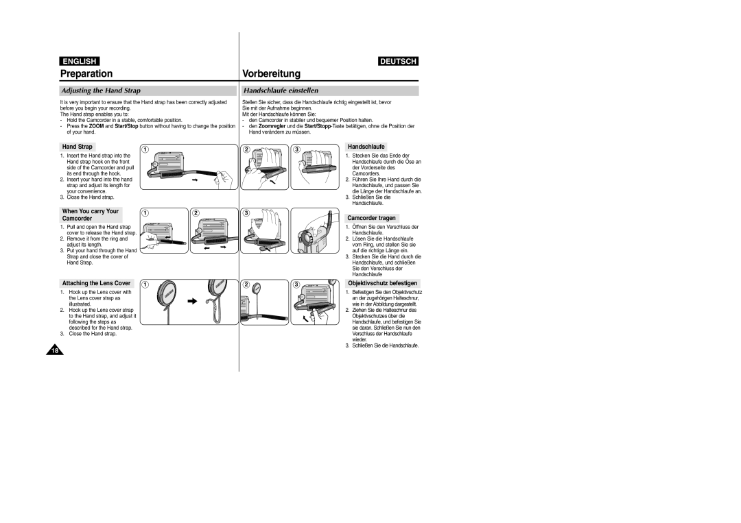 Samsung VP- D353(i), VP-D354(i), VP-D352(i), VP- D355(i) manual Preparation Vorbereitung, Adjusting the Hand Strap 