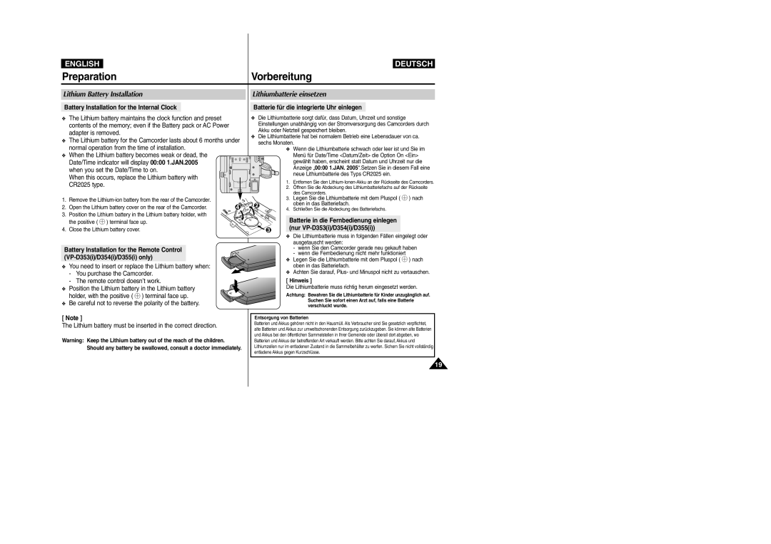 Samsung VP- D355(i), VP-D354(i) manual Lithium Battery Installation, Battery Installation for the Internal Clock, Hinweis 