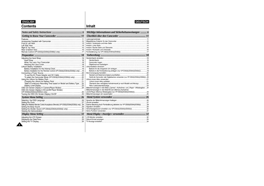 Samsung VP- D353(i) Features, Battery Installation for the Internal Clock, OSD On Screen Display in M.Cam/M.Player Modes 