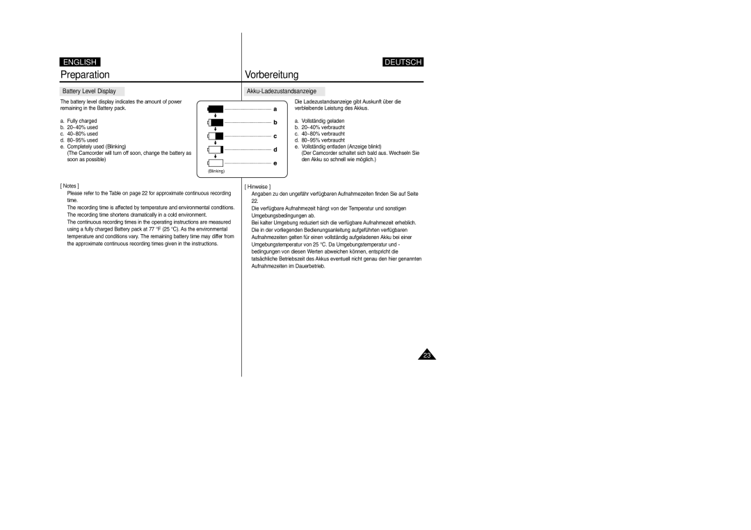 Samsung VP- D355(i), VP-D354(i), VP-D352(i), VP- D353(i) manual Battery Level Display, Akku-Ladezustandsanzeige 