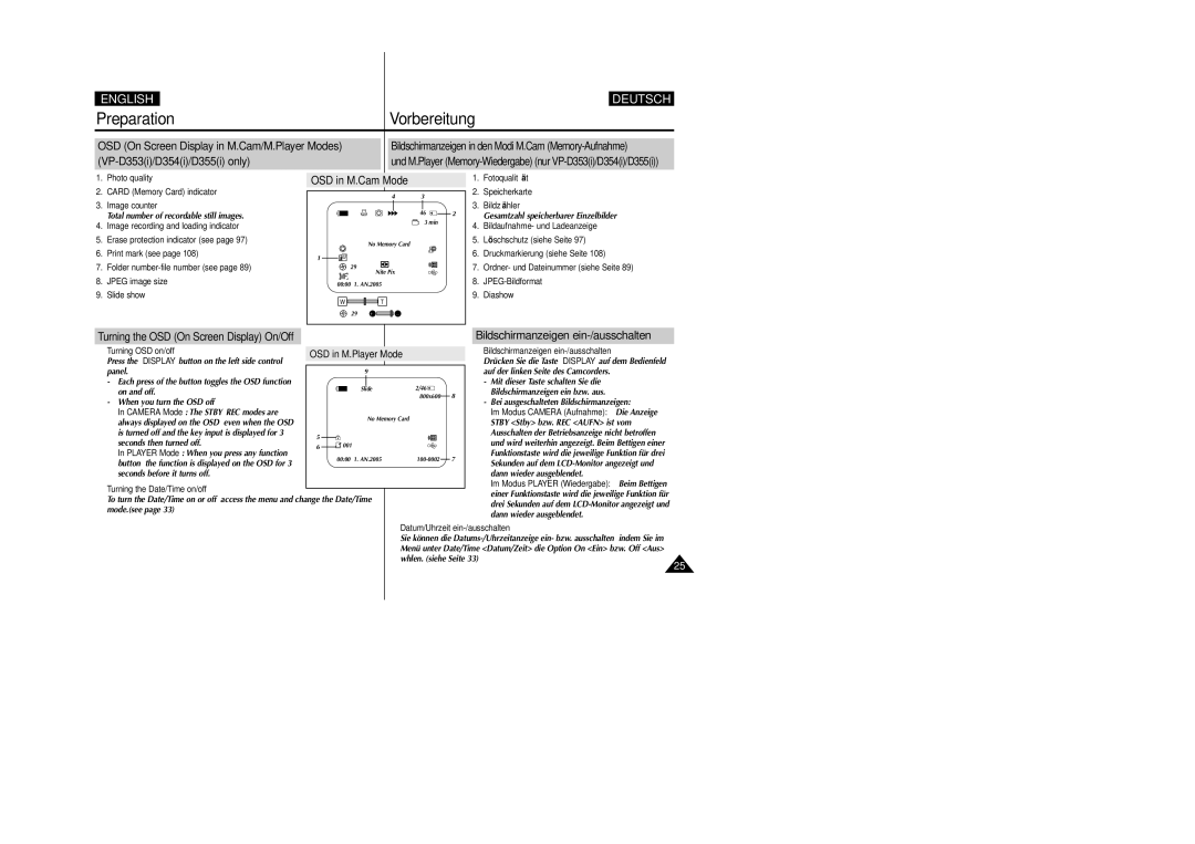 Samsung VP-D352(i), VP-D354(i) Preparation Vorbereitung, Bildschirmanzeigen ein-/ausschalten, VP-D353i/D354i/D355i only 