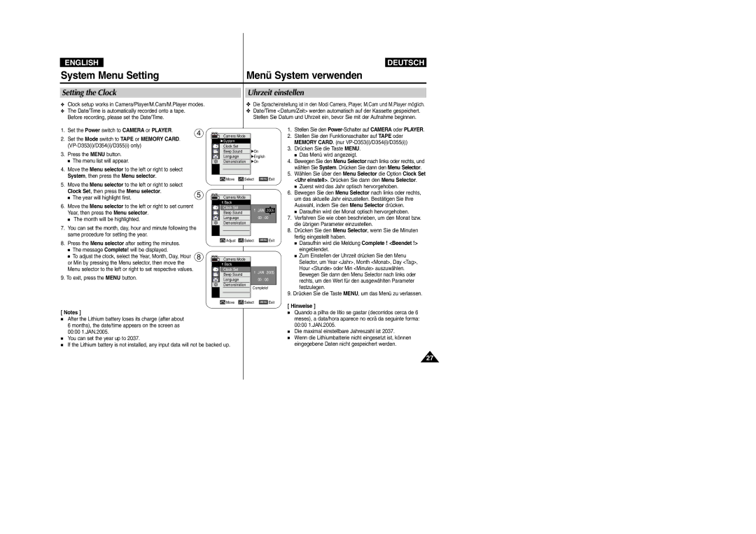 Samsung VP- D355(i) System Menu Setting, Setting the Clock Uhrzeit einstellen, Clock Set, then press the Menu selector 