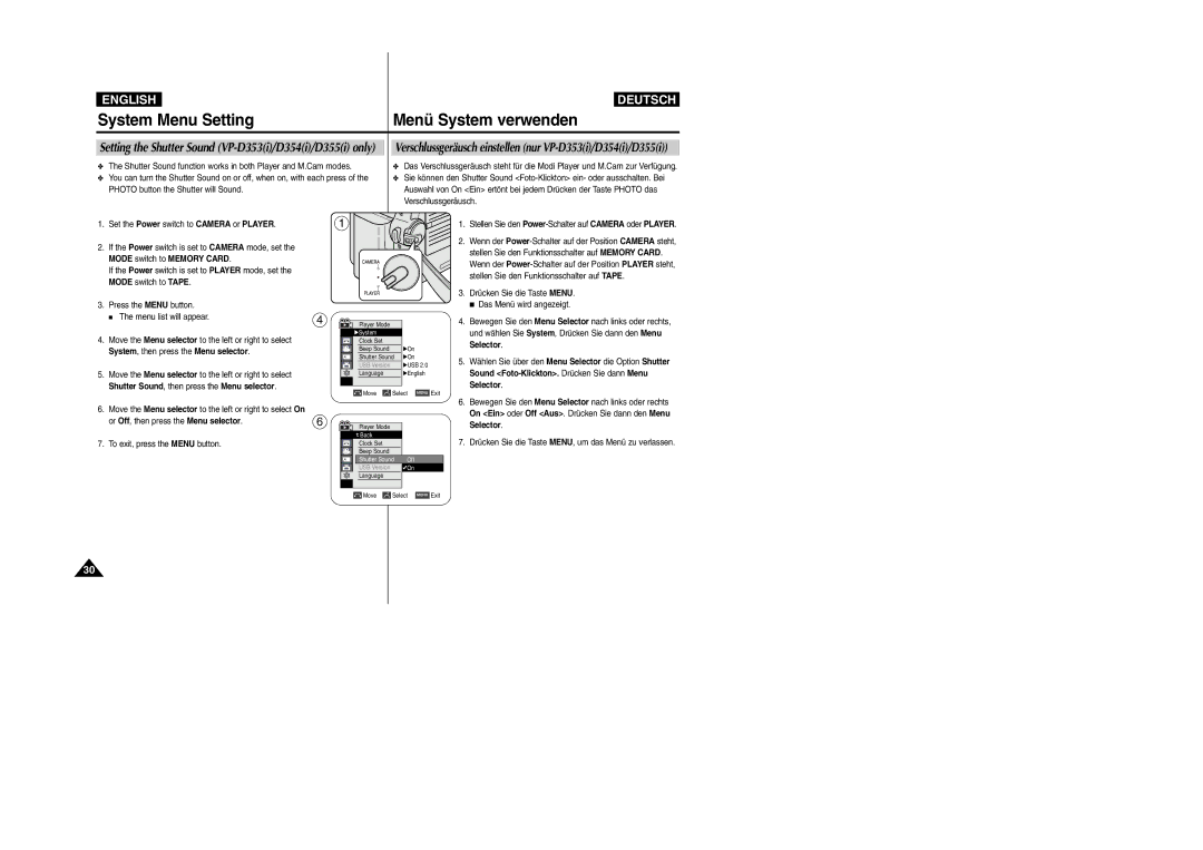 Samsung VP- D353(i), VP-D354(i) System Menu Setting Menü System verwenden, Shutter Sound, then press the Menu selector 