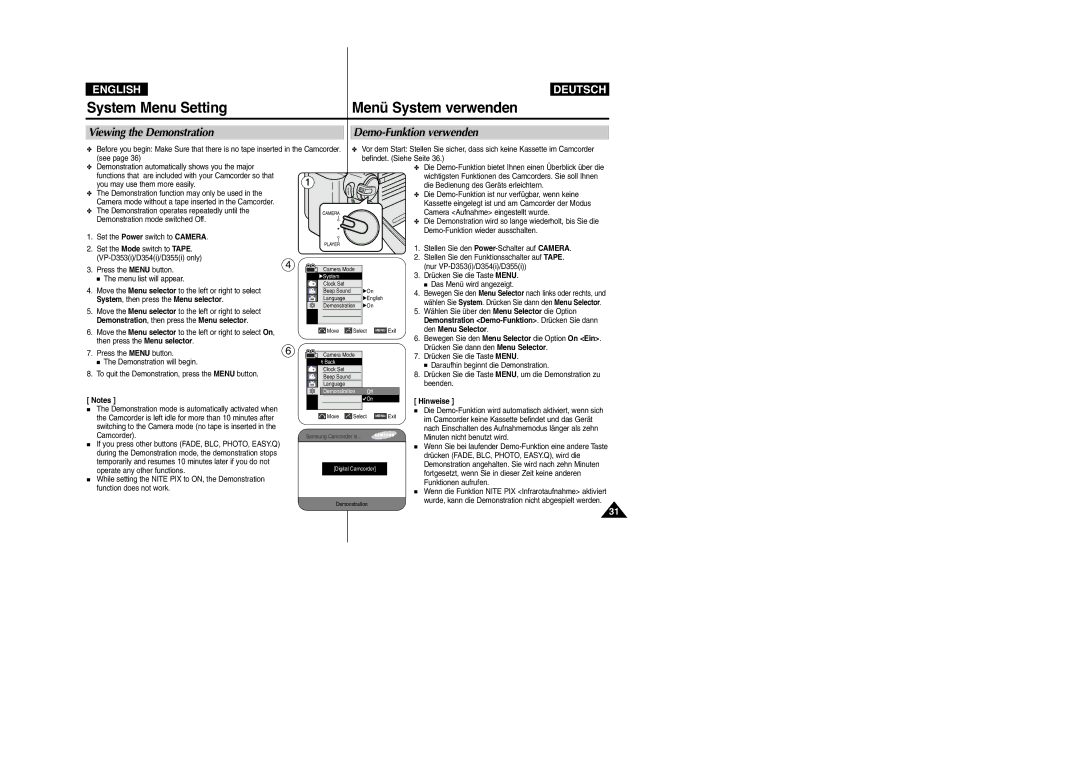 Samsung VP- D355(i), VP-D354(i), VP-D352(i) manual Viewing the Demonstration, Demo-Funktion verwenden, Den Menu Selector 