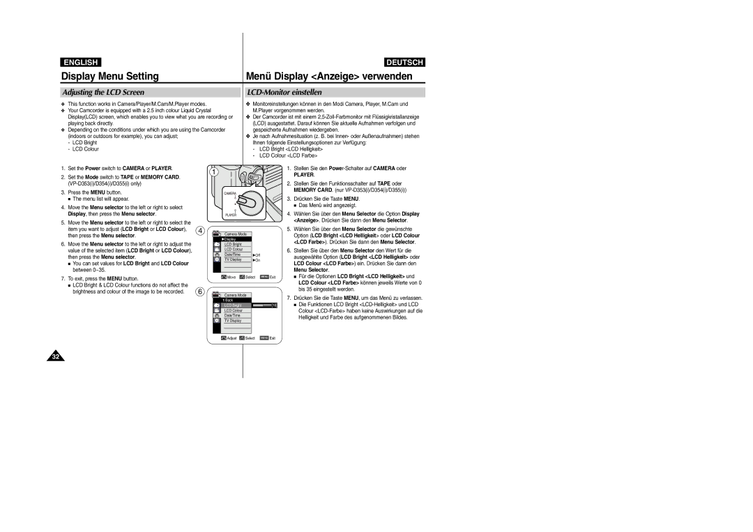 Samsung VP-D354(i) Display Menu Setting Menü Display Anzeige verwenden, Adjusting the LCD Screen LCD-Monitor einstellen 