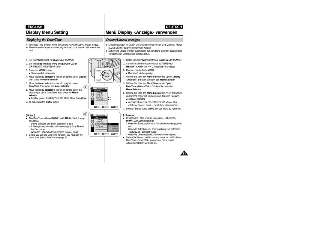 Samsung VP-D352(i), VP-D354(i), VP- D353(i) manual Display Menu Setting, Displaying the Date/Time Datum/Uhrzeit anzeigen 