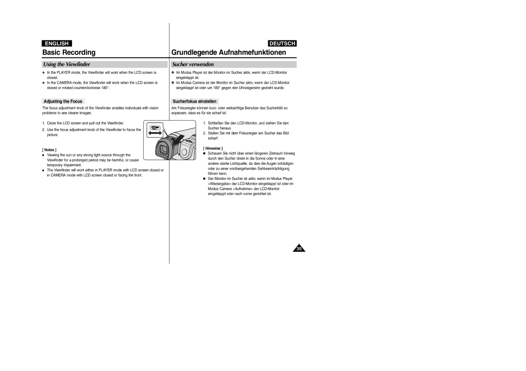 Samsung VP- D355(i) Basic Recording, Using the Viewfinder Sucher verwenden, Adjusting the Focus, Sucherfokus einstellen 