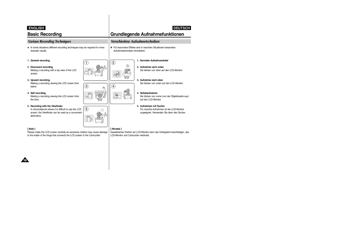 Samsung VP- D353(i), VP-D354(i), VP-D352(i), VP- D355(i) manual Basic Recording Grundlegende Aufnahmefunktionen 