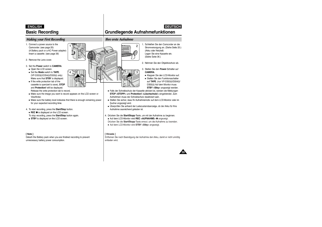 Samsung VP- D355(i), VP-D354(i), VP-D352(i), VP- D353(i) Basic Recording, Making your First Recording, Ihre erste Aufnahme 