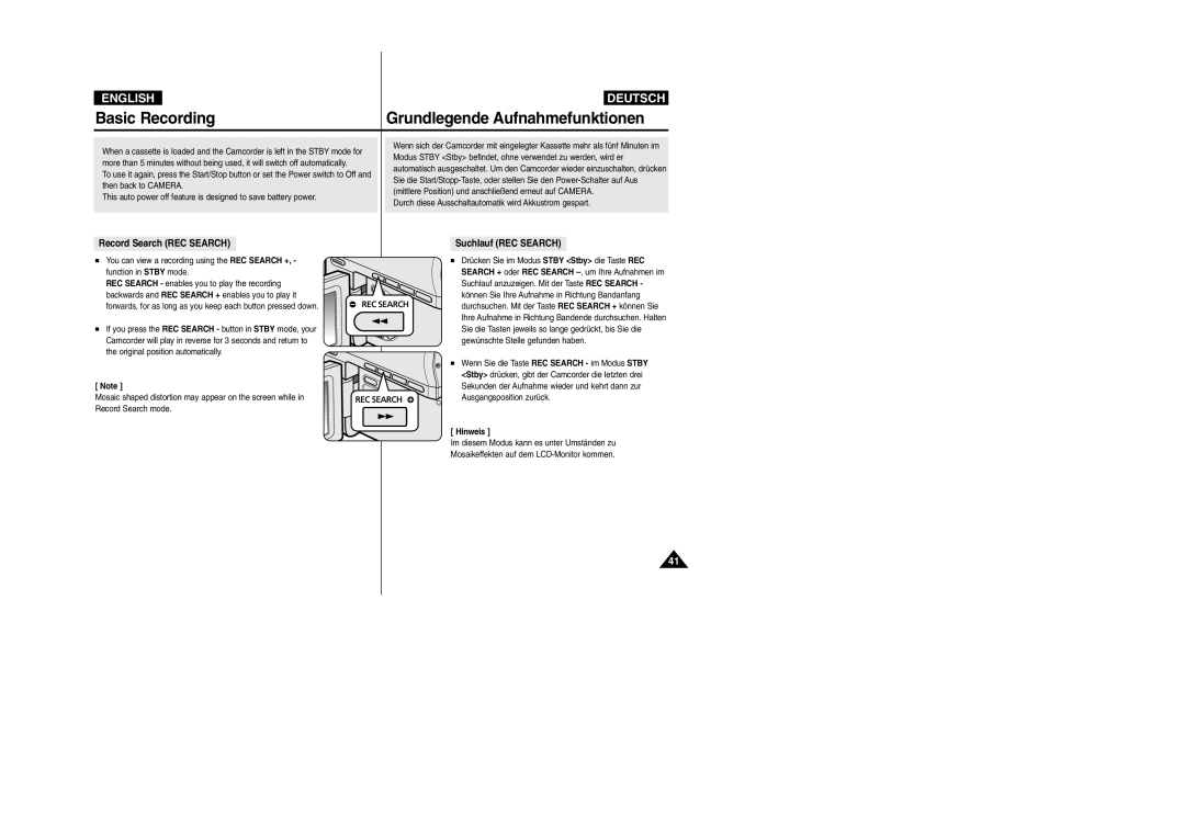 Samsung VP-D352(i), VP-D354(i), VP- D353(i) Grundlegende Aufnahmefunktionen, Record Search REC Search, Suchlauf REC Search 