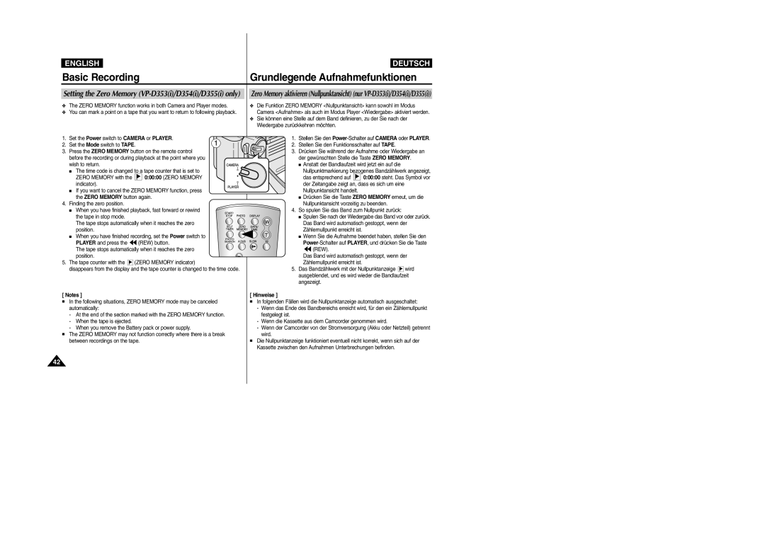 Samsung VP- D353(i), VP-D354(i), VP-D352(i), VP- D355(i) manual Zero Memory Das entsprechend auf, Indicator 