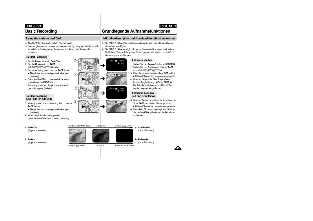 Samsung VP-D352(i) manual Basic Recording Grundlegende Aufnahmefunktionen, Using the Fade In and Out, To Start Recording 