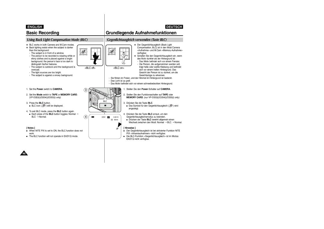 Samsung VP- D353(i), VP-D354(i) Using Back Light Compensation Mode BLC, Gegenlichtausgleich verwenden Taste BLC, BLC off 