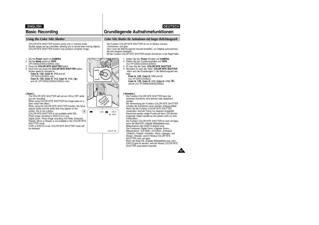 Samsung VP- D355(i), VP-D354(i), VP-D352(i), VP- D353(i) Using the Color Nite Shutter, √ Color N /25, Color N /13 und off 
