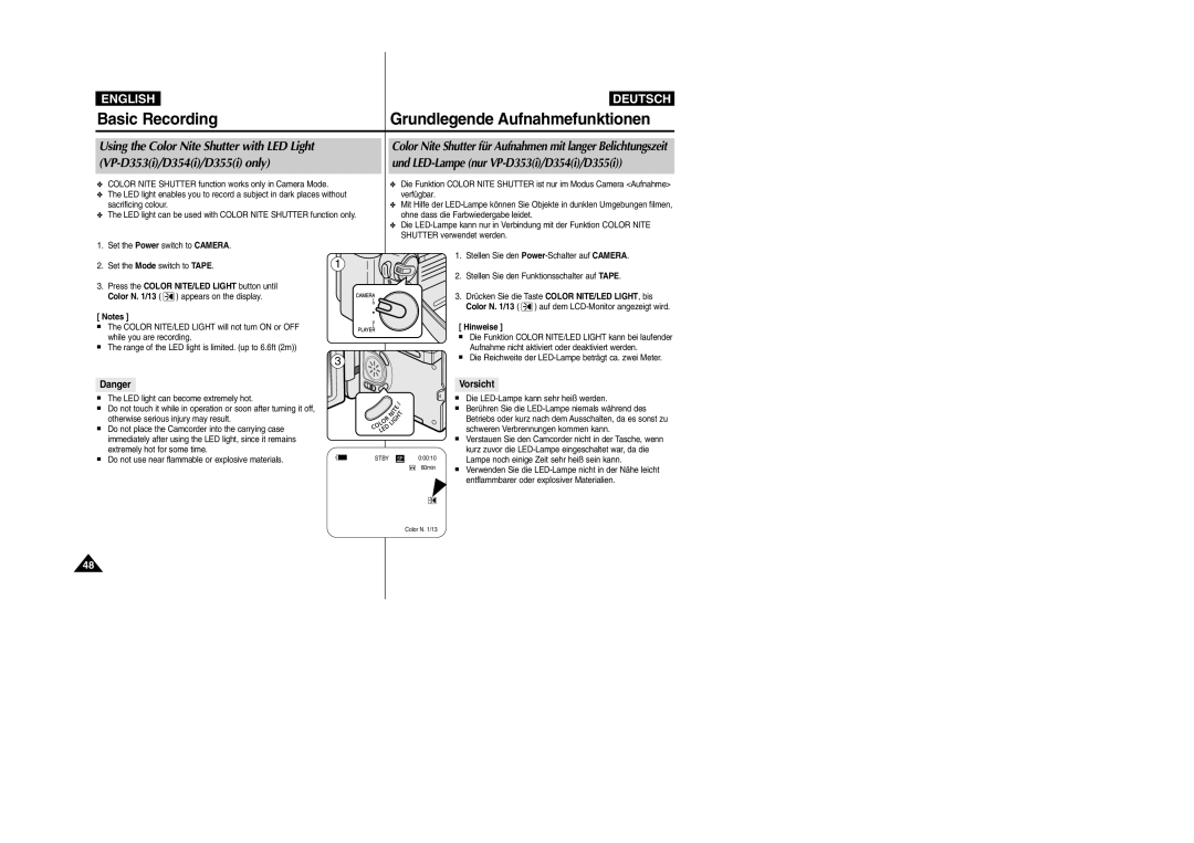 Samsung VP-D354(i), VP-D352(i), VP- D353(i), VP- D355(i) manual Using the Color Nite Shutter with LED Light, Vorsicht 