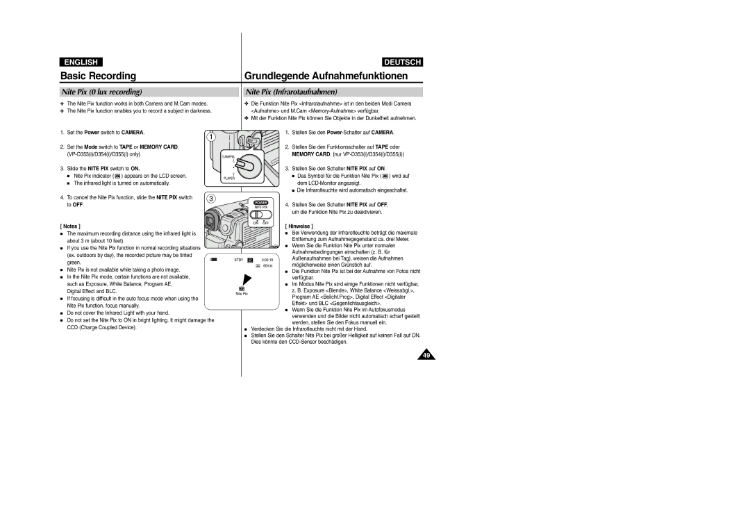 Samsung VP-D352(i), VP-D354(i), VP- D353(i), VP- D355(i) manual Nite Pix 0 lux recording, Nite Pix Infrarotaufnahmen 