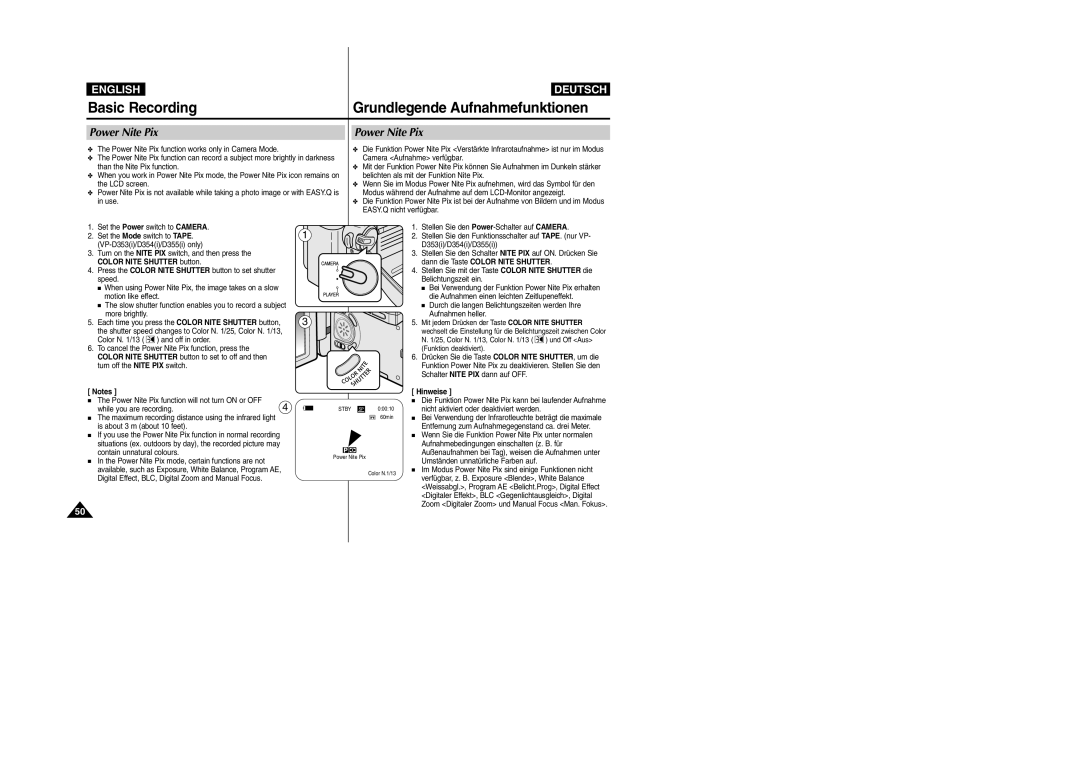 Samsung VP- D353(i), VP-D354(i), VP-D352(i), VP- D355(i) manual Power Nite Pix 