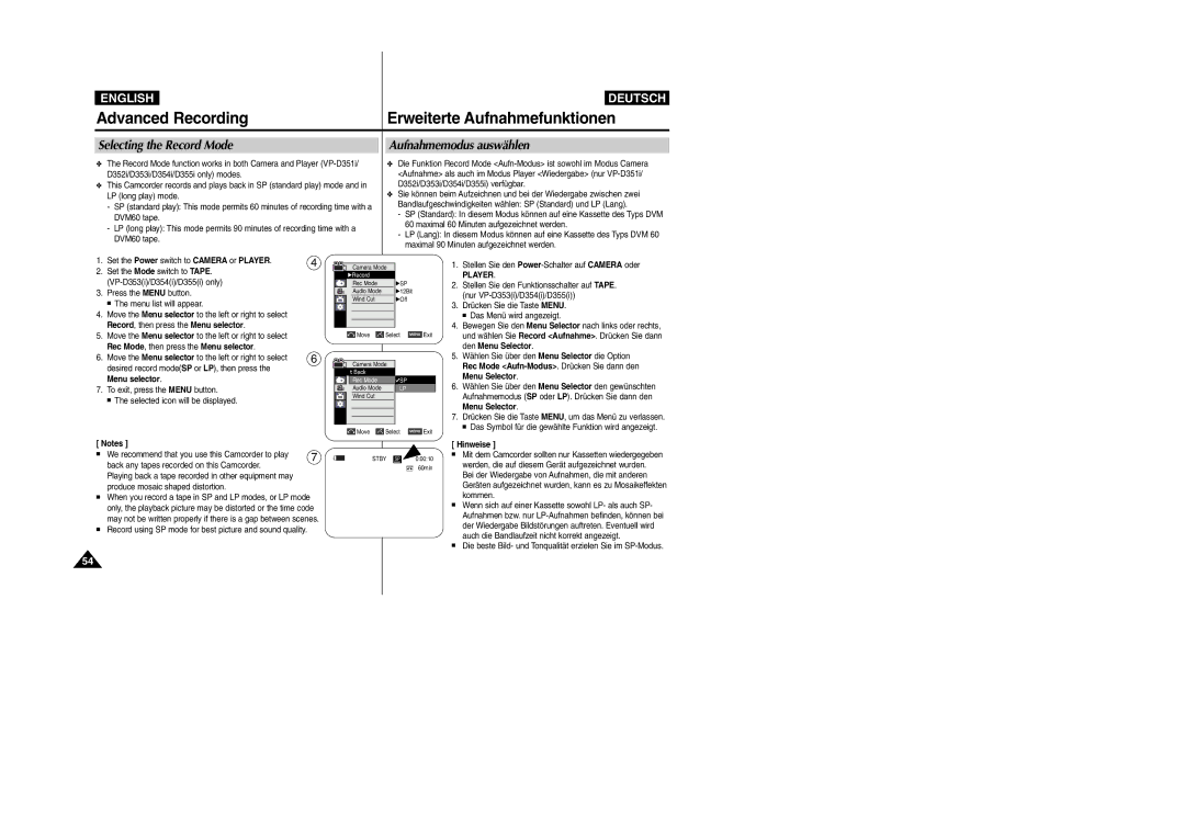 Samsung VP- D353(i), VP-D354(i) Selecting the Record Mode, Aufnahmemodus auswählen, Record, then press the Menu selector 