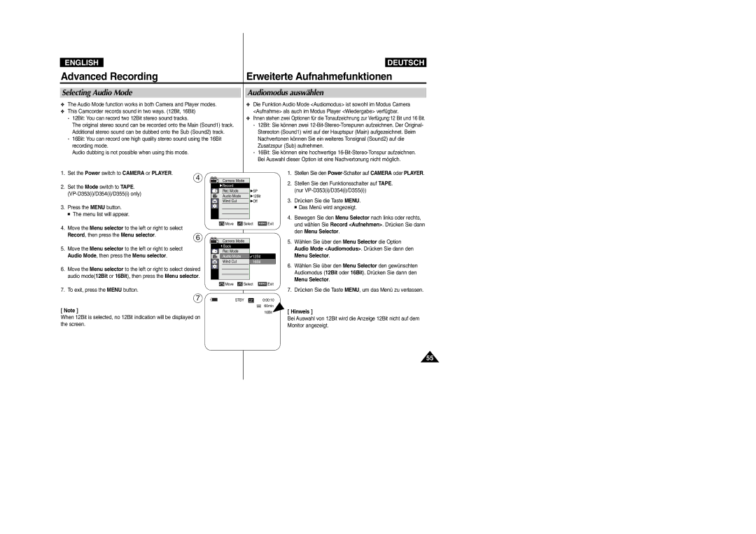 Samsung VP- D355(i), VP-D354(i) Selecting Audio Mode, Audiomodus auswählen, Audio Mode Audiomodus. Drücken Sie dann den 