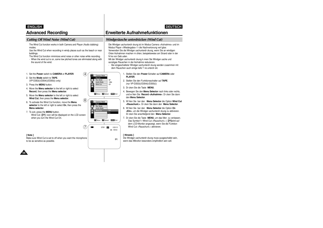 Samsung VP-D354(i), VP-D352(i), VP- D353(i) manual Cutting Off Wind Noise Wind Cut, Windgeräusche unterdrücken Wind Cut 